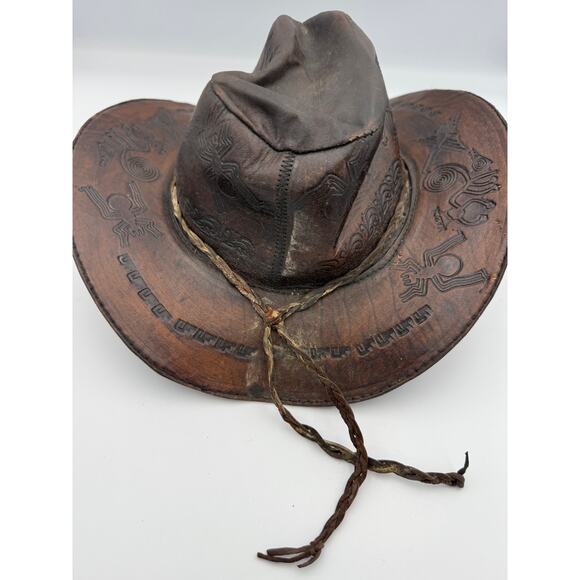 Vintage Leather Cowboy Hat - Hand Tooled Peru Souvenir - Nazca Lines Design - Picture 4 of 9